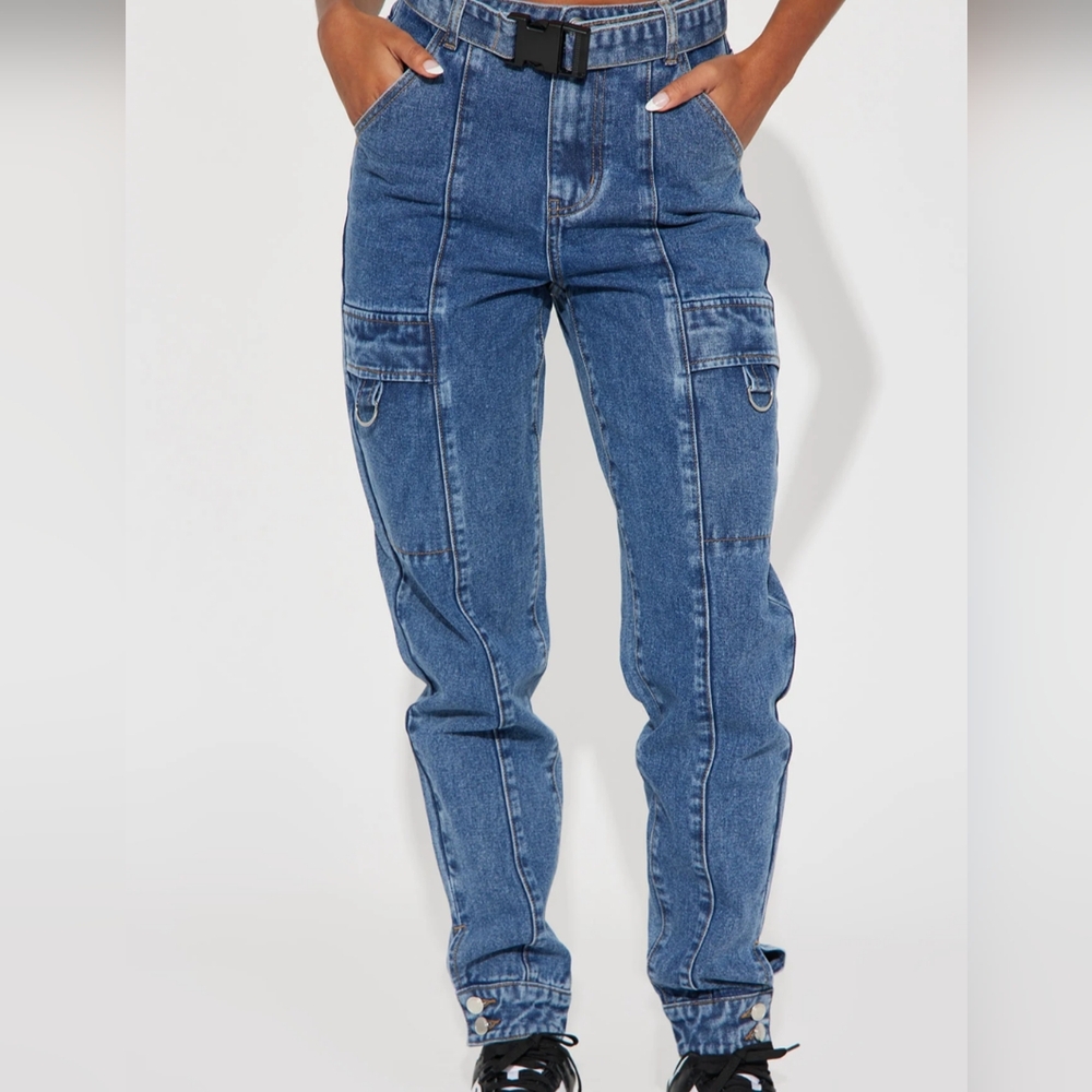 PrettyLittleThing Blue Denim Jeans UK10 High Rise Cargo Belted D Ring
